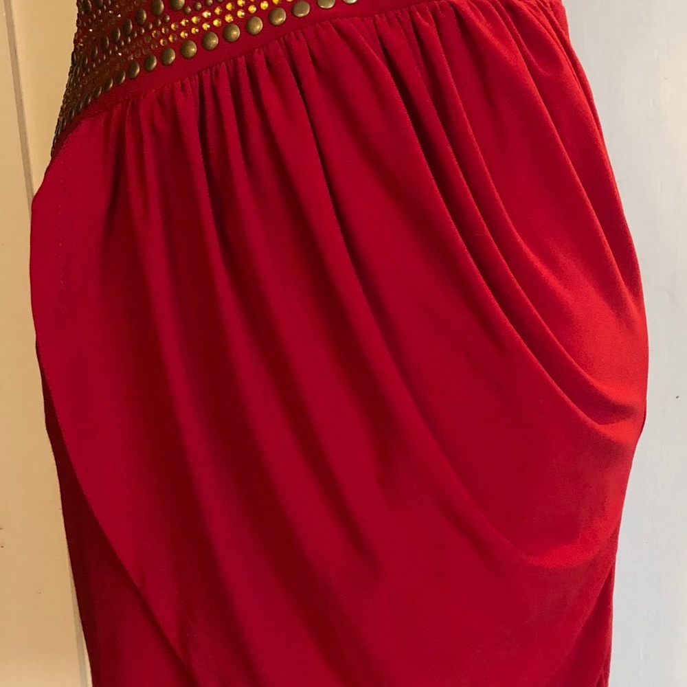 Red one shoulder mini dress with gold detailing - Picture 3 of 6